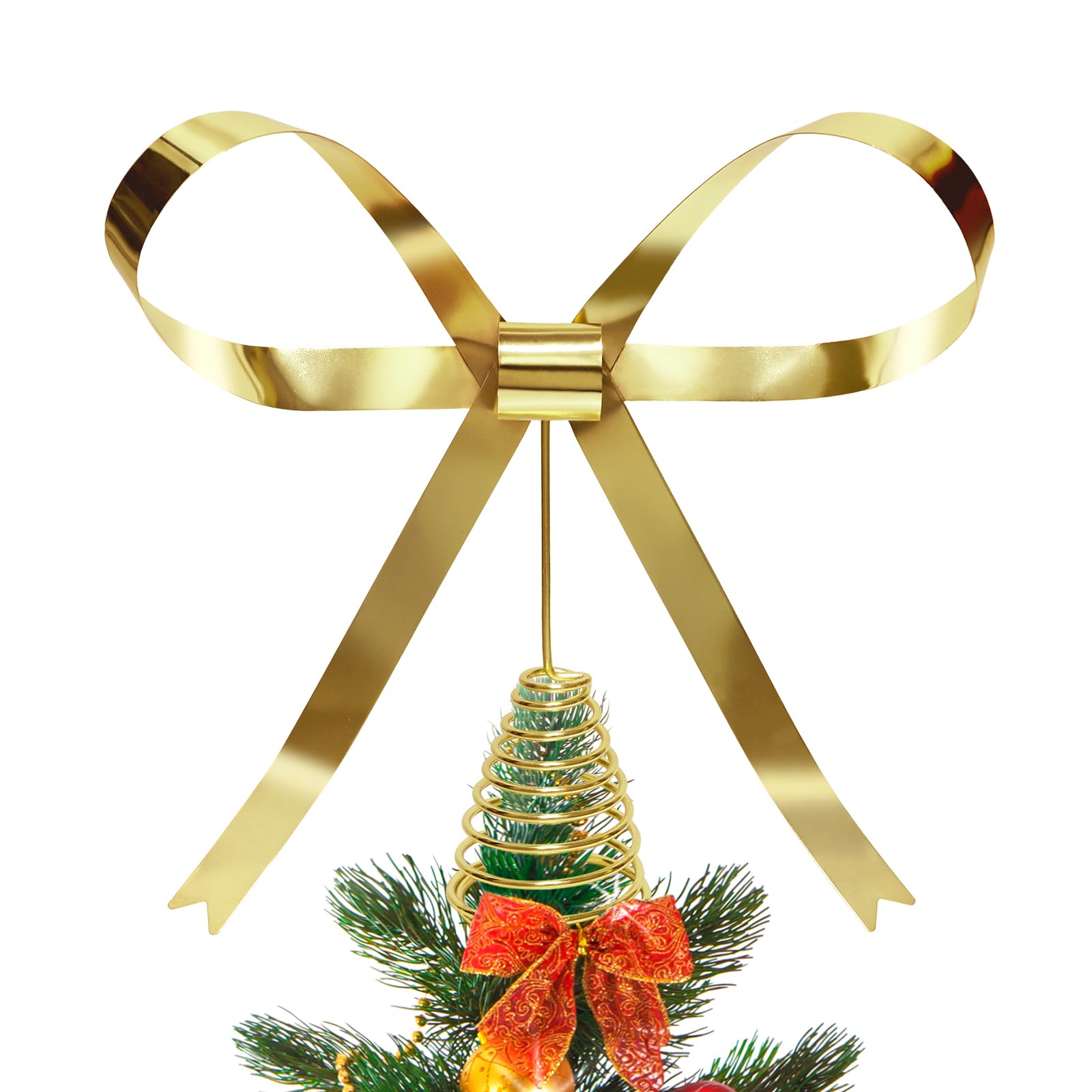 Photo 1 of HMASYO Christmas Tree Topper Bow, 10.5 Inch Large Gold Metal Bow Tree Topper with Spiral Base for Holiday Xmas Party Christmas Tree Top Decorations (Gold)