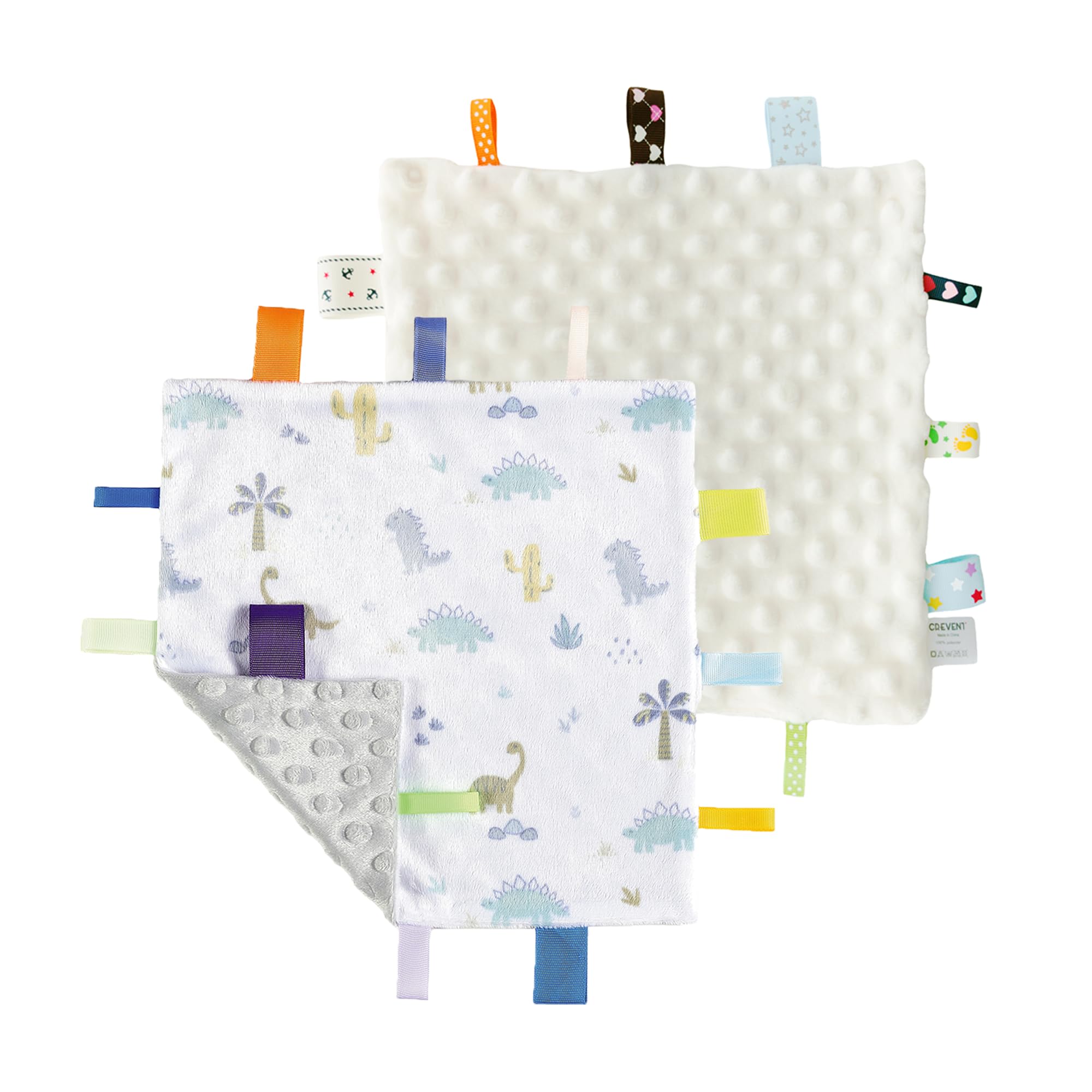 CREVENT Tag Security Blankets for Babies, Soft Small Loveys for Boys, Baby Comforter Sensory Blanket, Great Gifts for Birthday Baby Shower (24X24cm Dino + Ivory)