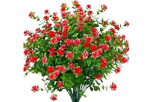 TEMCHY Artificial Flowers, Fake Outdoor UV Resistant Boxwood Shrubs Faux Plastic Greenery Plants for Outside Hanging Planter Patio Yard Wedding Indoor Home Kitchen Farmhouse Decor(Red)