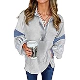 Fisoew Womens Color Block Oversized Sweatshirt Polo V Neck Long Sleeve Shirts Casual Loose Pullover Tops