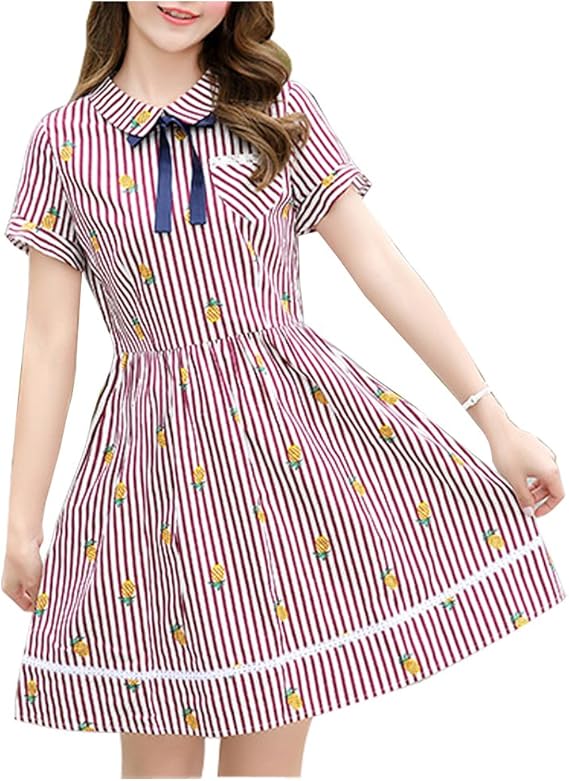 Amazon 輝姫 ワンピース 縞模様 中款 蝶結び 学院風 韓国風 ファッション おしゃれ 可愛さ 青春 ガールズ 少女 レジャー ワンピース チュニック 通販