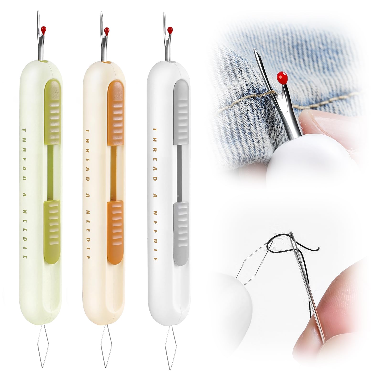 Photo 1 of 2 in 1 Needle Threader Seam Ripper Tool for Easy Needle Threading and Stitch Removal, Multifunctional Hand Sewing Tools Automatic Threading Tool Stitch Ripper (Beige & Green & White)