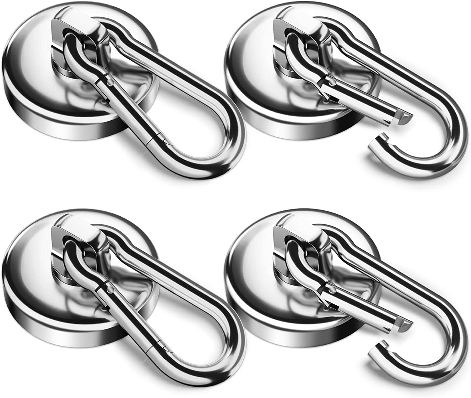 FINDMAG 4 Pack Magnetic Hooks, 45.5 KG(100 LBS) Strong Magnet with Hook Heavy Duty, Super Strong Neodymium Magnets with Swivel Carabiner Snap Hooks for Indoor/Outdoor Hanging Camping Grill Kitchen
