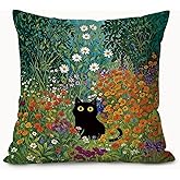 LIANGW Moody Black Cat Flower Pillow Covers 18x18, Black Cat Room Decor, Whimsical Cottagecore Kitten Floral Botanical Decorative Throw Pillow Covers Pillowcases for Bedroom Living Room Home Decor