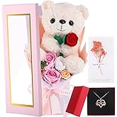 PullCrease Bear Flower Bouquet for Women 15in Rose Plush Bear Gift Box, Artificial Bouquet Necklace & Card for Valentine’s Day, Graduation, Anniversary, Mother’s Day,Girlfriend Gifts(Pink,Rose)