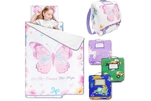 Primlect Toddler Nap Mat with Removable Pillow and Flannel Blanket, Portable Sleep Bag for Kids, Easy to Roll up, Washable, Perfect for Daycare, Preschool, Boys and Girls, 12 Months - 6 Years