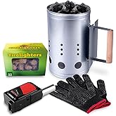 homenote Rapid Charcoal Chimney Starter Set Fireplace Accessories Lighter Cubes BBQ Heat Resistant Gloves Blower BBQ Tools（11