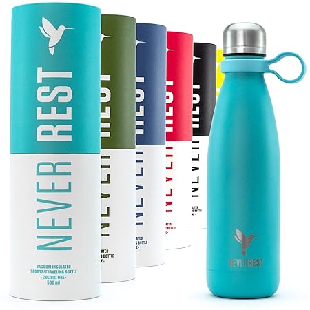 Neverrest - ColibriOne | Isolier- Trinkflasche | 500 ml | BPA frei | 18/8 Edelstahl | Auslaufsicher | Gummischlaufe | 24 std.