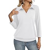 TICTICMISS Womens Polo Shirts 3/4 Sleeve Banded Bottom Tops Business Casual Tops Collared V Neck Blouses