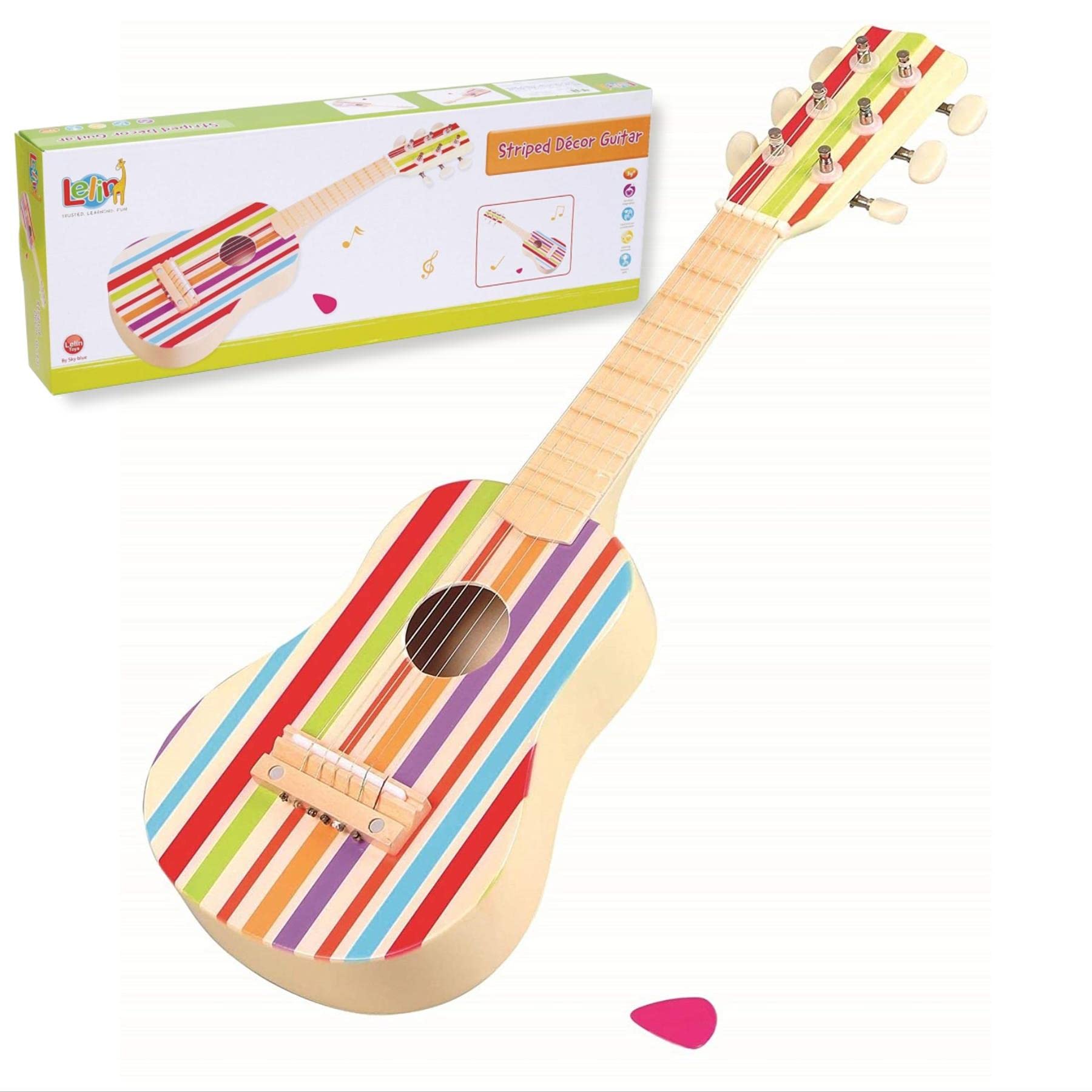 Lelin Wooden Striped Decor Guitar Children Toddler Musical Instrument Pretend Play Music Toy Interactive Role Play Game Early Developmental Gift for Kids Boys Girls Ages 3 year old +
