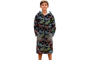Funnycokid Boys Bathrobe Zipper Kids Soft Fleece Hooded Robe 7-14 Years