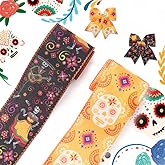 Hying Mexican Days of The Dead Ribbons - Wired Edge, Burlap, Orange & Black, Skull Skeleton Pattern, 2 Rolls for Wreath Bows, Gift Wrapping, Dia De Los Muertos Decor