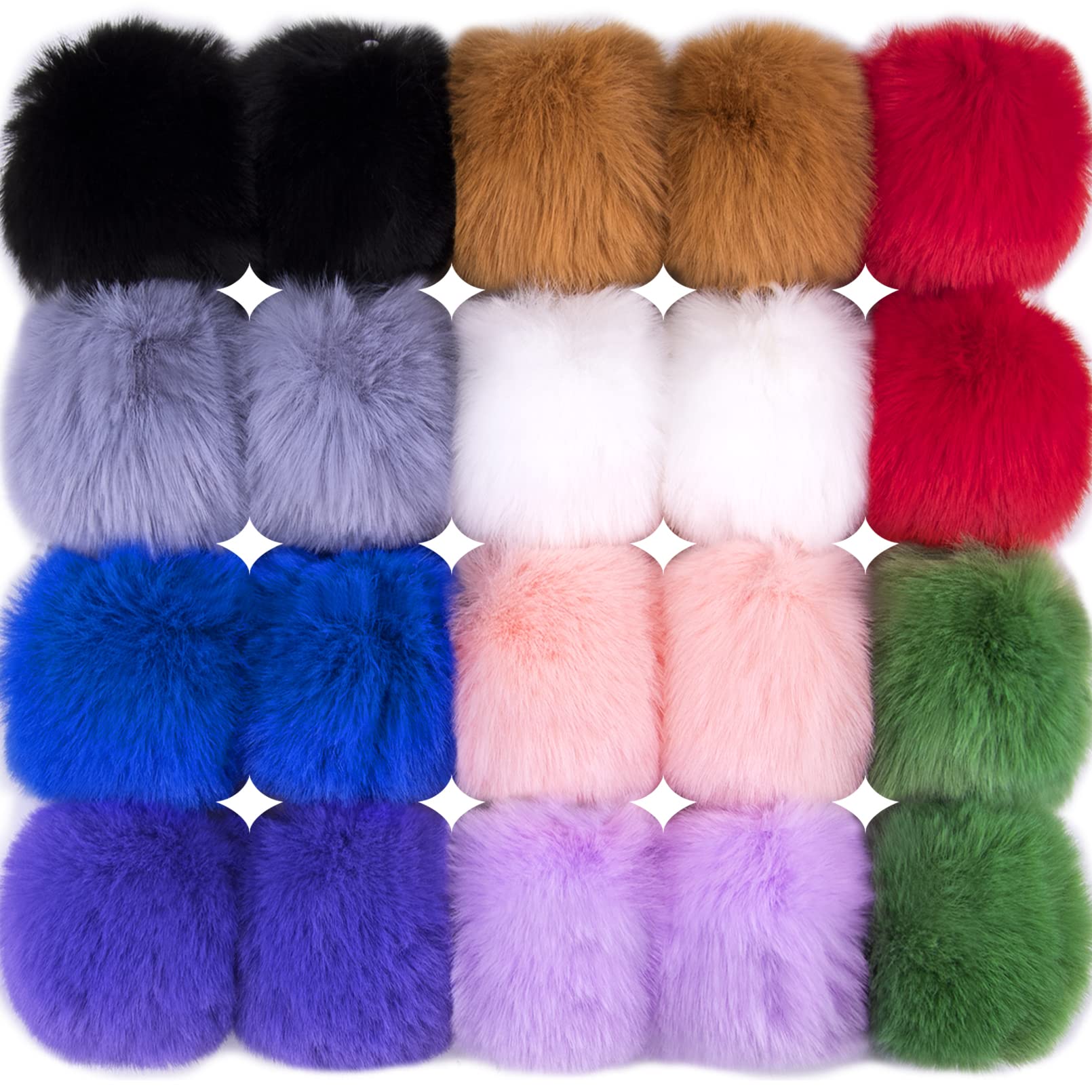 BQTQ 20 Pieces Faux Rabbit Fur Pom Pom Ball DIY Fluffy Pom Pom with Elastic Loop for Hats Keychains Scarves Gloves Bags Accessories, 10 Bright Colours