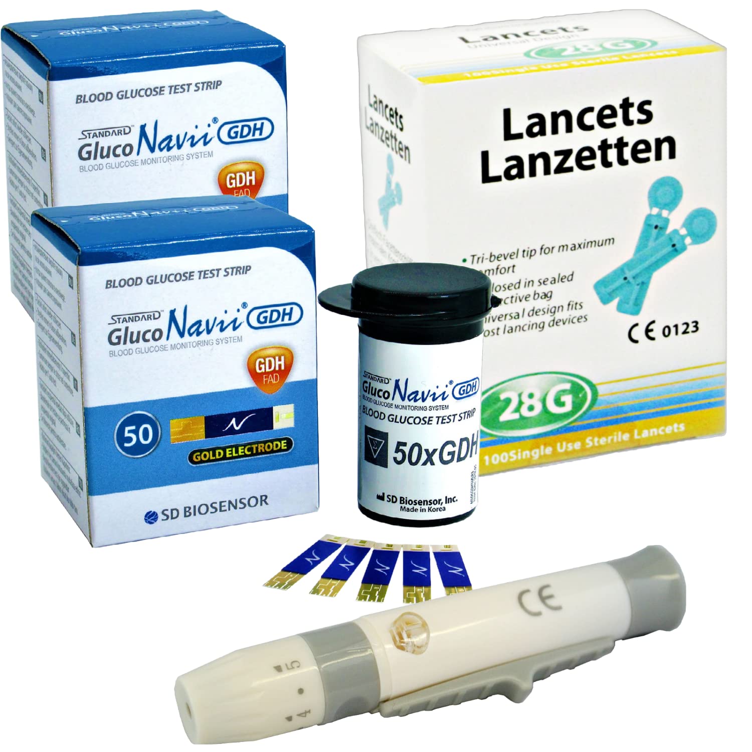 GlucoNavii 100 x Blood Glucose Test Strips + Lancing Device + 100 28g Lancets