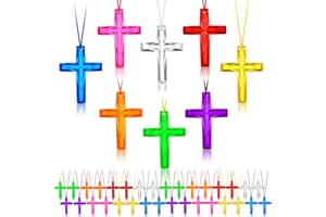 Junkin 96 Pcs Easter Crystal Cross Necklace Christian Plastic Necklaces Religious Party Favors for Kids DIY Crafts Easter Birthday Gifts Sunday School Bible Prize(Classic Color)
