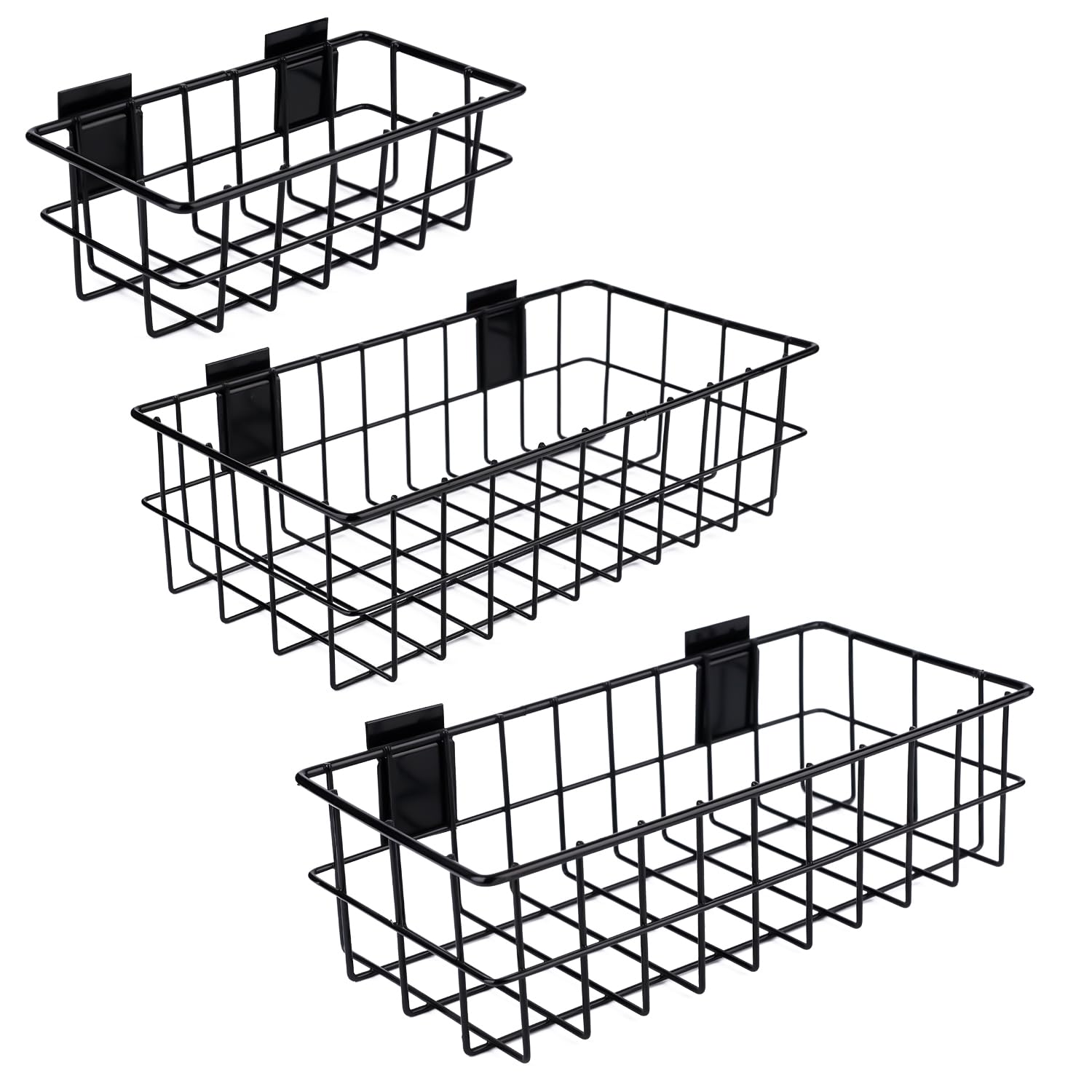 3pcs Slatwall Black Wall Baskets - Reusable Metal Garage Wall Basket Hanging Mount Storage for Shops Rooms Office Organization