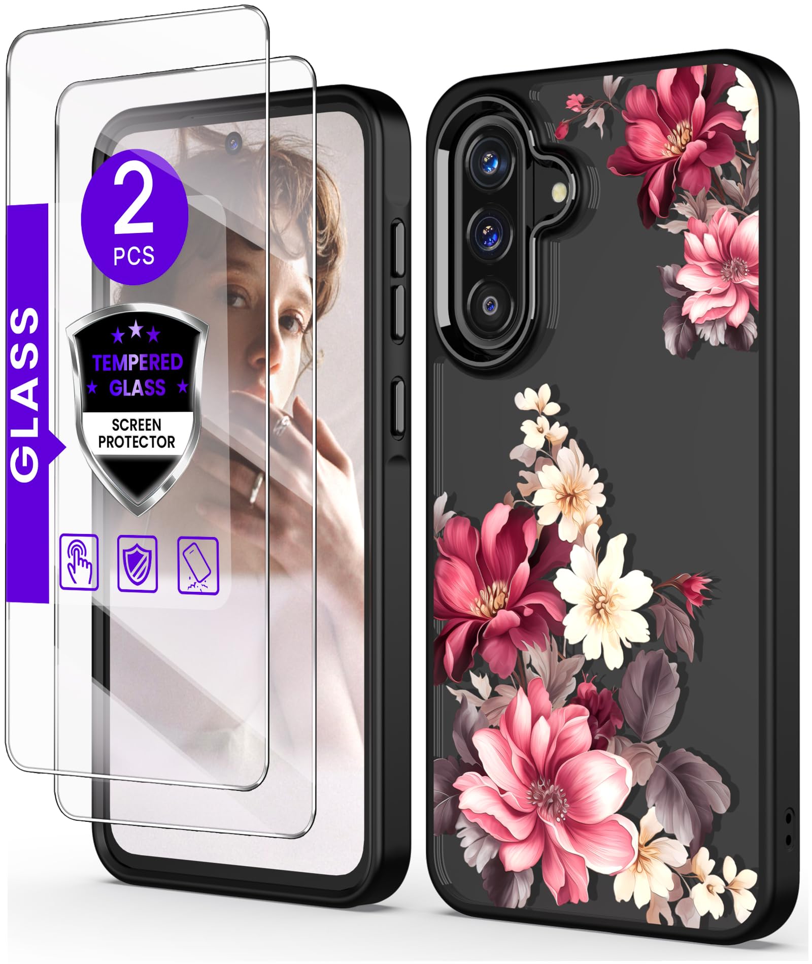 DagoRoo for Samsung Galaxy A36 5G Case+Tempered Glass Screen Protector,Military Grade Protective Slim Soft TPU & Hard PC,Girls Women Crystal Clear Flower Pattern Case Cover for A56 5G-Safflower