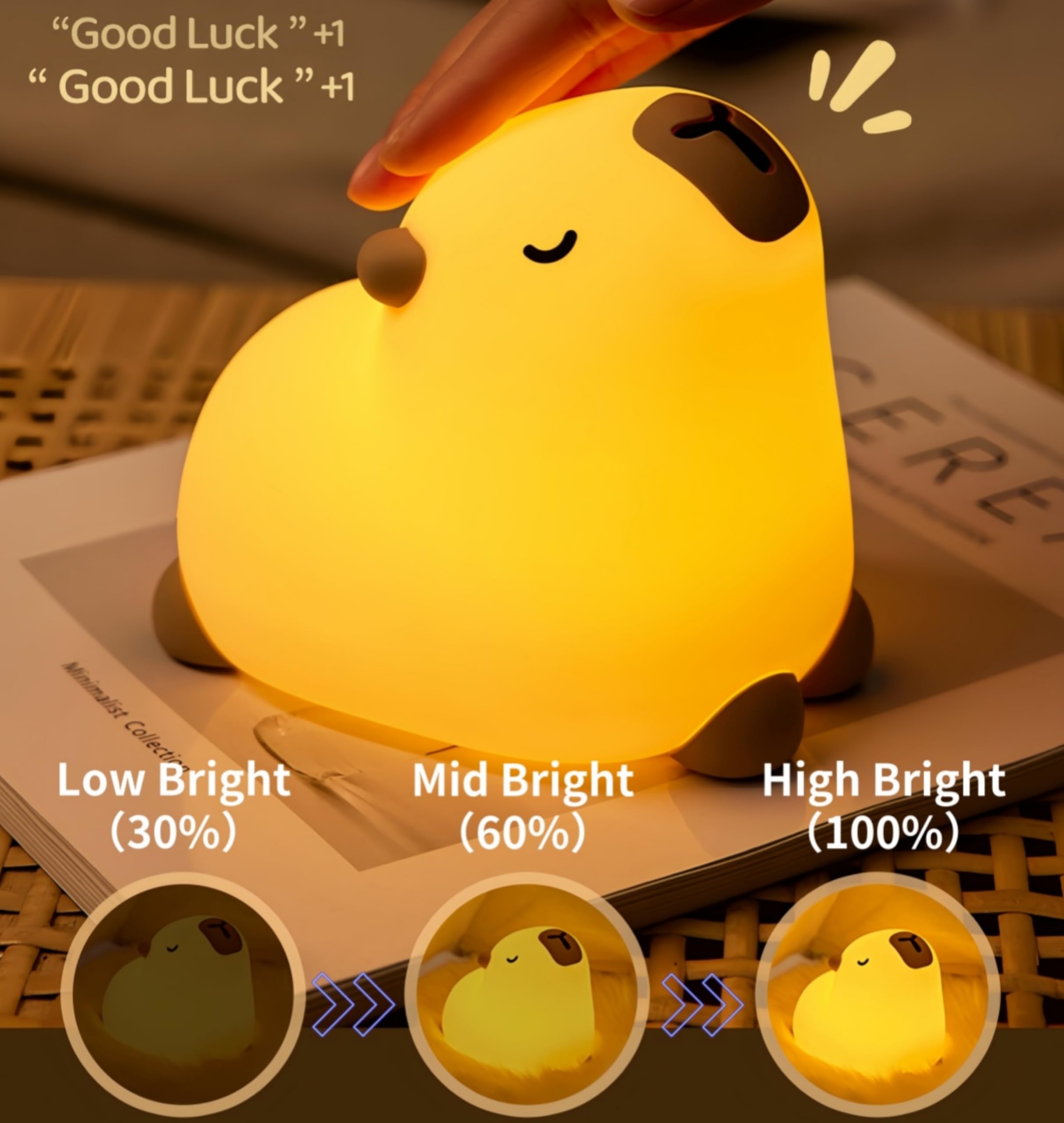 Microwear Cute Capybara Night Light,3 Levels Dimmable,Rechargeable Silicone Touch Lamp for Kids,Adults,Nursery,Bedroom,Desk Decor(Portable,Timer