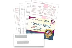 NextDayLabels 1099-NEC Forms for 2025, 4-Part Tax Forms, Vendor Kit of 25 Laser Forms and 25 Self-Seal Envelopes, Forms Designed for QuickBooks and Other Accounting Software