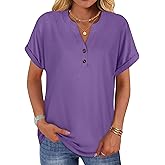 rosemia Womens Short Sleeve Shirts V Neck Dressy Casual Blouses Summer Loose Fitting Henley Tops
