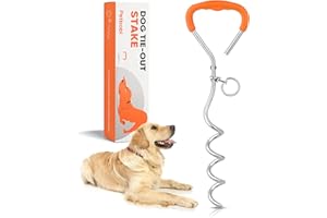 Petbobi Dog Tie Out Stake - 16″ Heavy Duty Dog Anchor for Yard Camping, 9mm Solid Steel, Soft Grip Handle Spiral Stake with No Tangle Connect Ring for Small to Large Pets Up to 120lbs, Orange