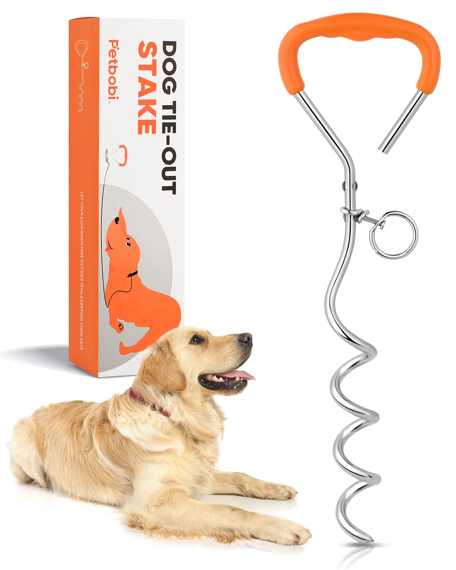 Photo 1 of Petbobi Dog Tie Out Stake - 16? Heavy Duty Dog Anchor for Yard Camping, 9mm Solid Steel, Soft Grip Handle Spiral Stake with No Tangle Connect Ring for Small to Large Pets Up to 120lbs, Orange