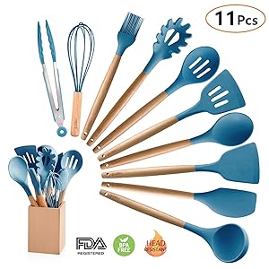 MIBOTE 10 Pieces Silicone Cooking Utensils Kitchen Utensil Set with Holder, Acacia Wooden Cooking Tool Turner Tongs Spatula Spoon for Nonstick Cookware - Best Kitchen Tools Gadgets (Blue)