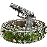 Punk Skull & Gun Buckle Belt Set for Men & Women - Rhinestone Studded Gothic Belts with Triple Rolling Buckles