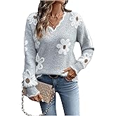 SHENHE Women's Floral Sweater V Neck Long Sleeve Drop Shoulder Knit Sweaters Pullover Tops