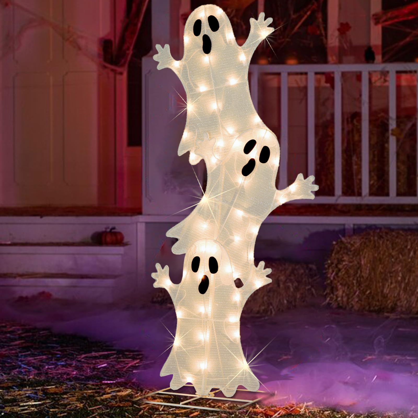 Photo 1 of Halloween Lighted Stacked Ghosts Decoration, Pre-Lit with 50 Warm White Lights Spooky Ghosts Lights, Halloween Light Up Ghost for Indoor, Outdoor, Porch, Yard, 42’’ H