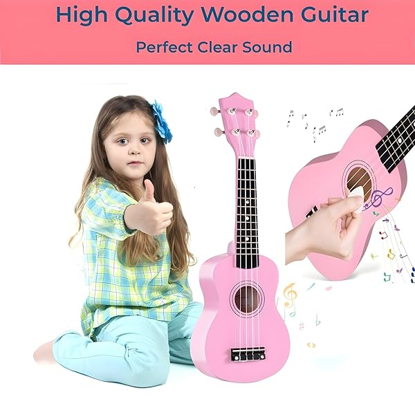 21 INCH WOODEN KIDS TODDLER CHILD CHILDREN ACOUSTIC GUITAR MUSICAL INSTRUMENTS IDEAL FOR 3-9 YEAR OLD BOYS GIRLS GIFTS (PINK)