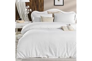 Lavien Home, %100 Cotton White Duvet Cover Set Queen Size, Linen Feel Washed Luxury Soft Bedding Buttons Closure with 2 Pillow Shams (Queen, 90"x90")