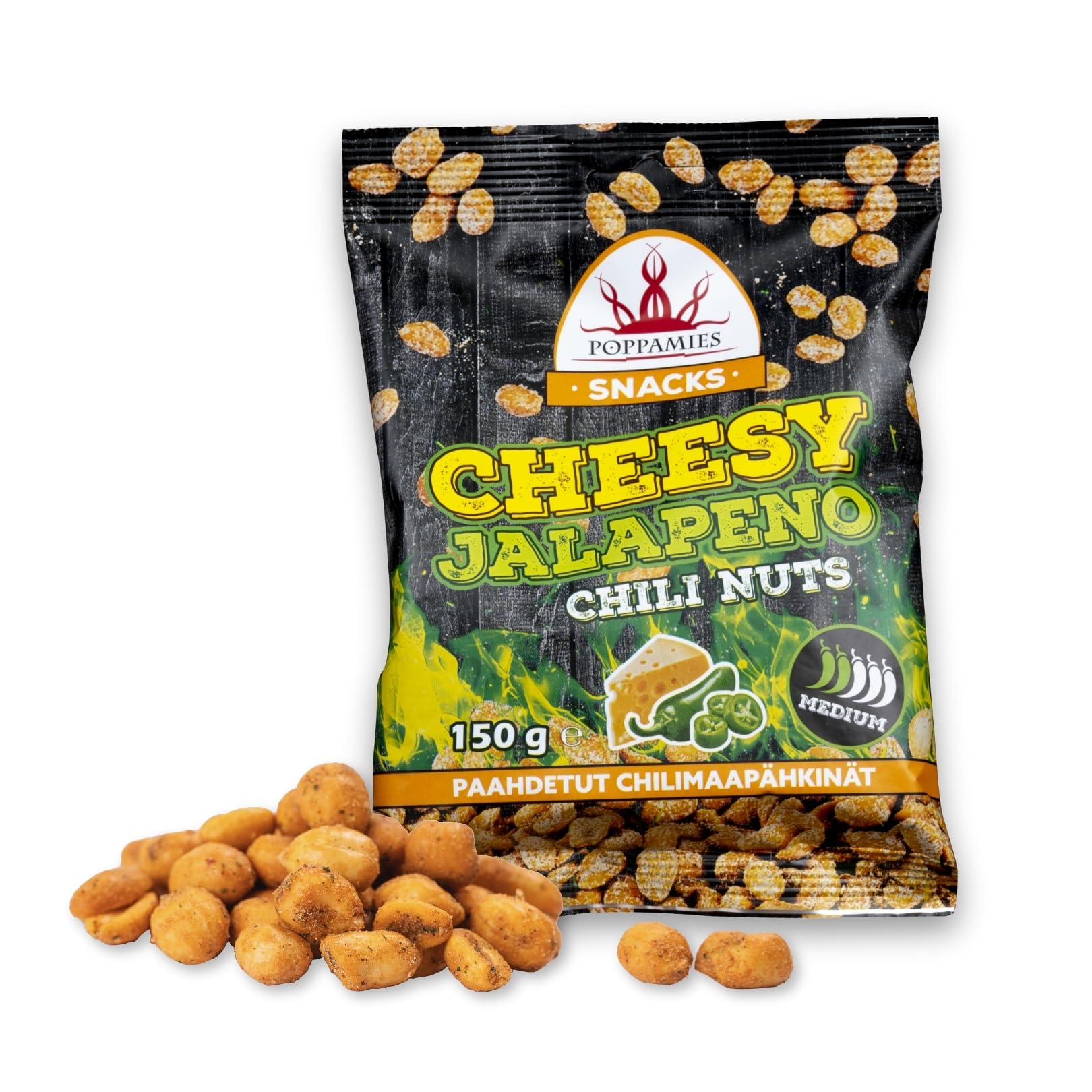 Poppamies Cheesy Jalapeno Chili-Erdnüsse – Scharfe Nüsse sind eine tolle Wahl für den Snack – Glutenfrei – Schärfegrad: Mittel – 150 g