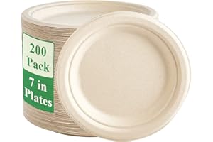 Vplus 200 Pack Paper Plates 7 inch 100% Compostable, Heavy-Duty Disposable Paper Plates Bagasse Natural Biodegradable Eco-Friendly Sugarcane