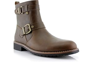 Polar Fox Men's Engineer Boot | Motorcycle Style Ankle Boot with Buckle Straps & Side Zipper |