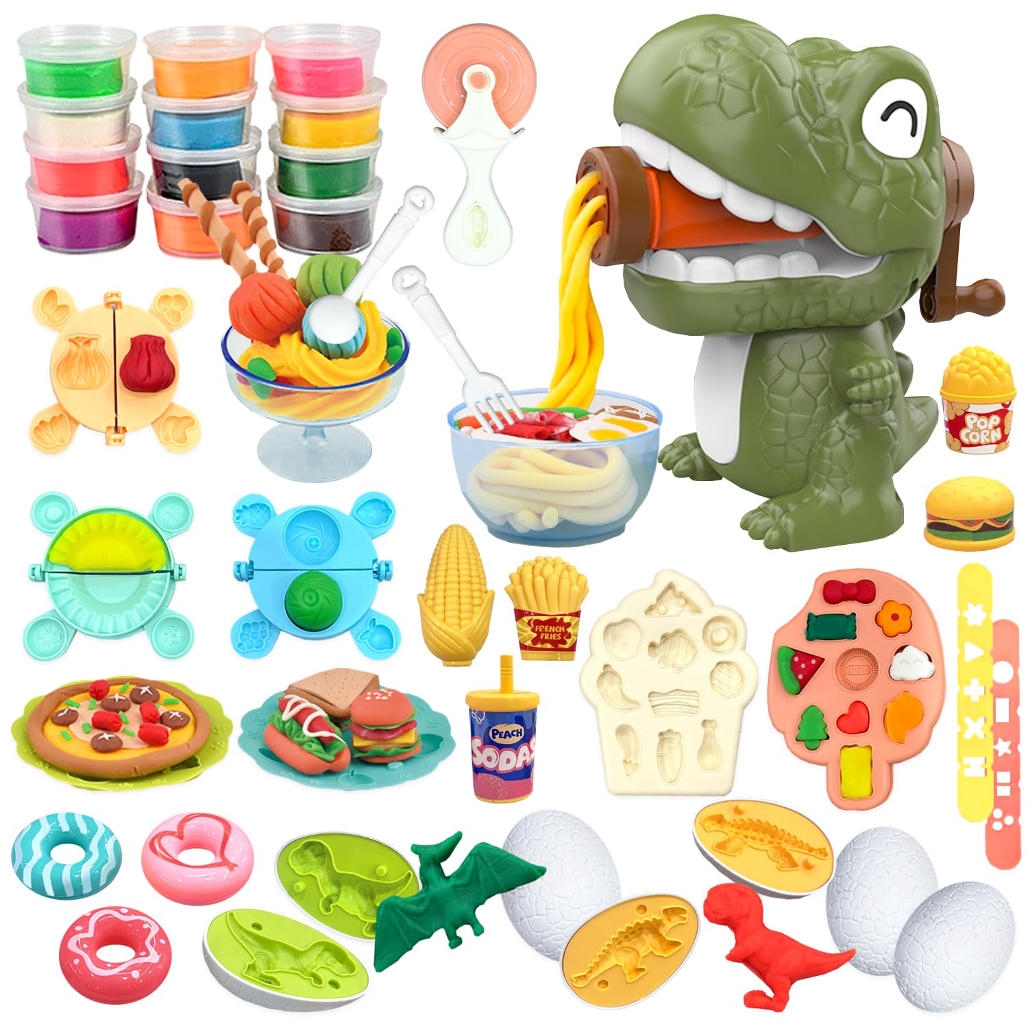 VBACALA Dinosaurier Knete Set 42-teilig mit Kitchen Creations Nudelmaschine,5 Dino Eierformen,12 Farben Knetmasse und Knetwerkzeug,Kreatives Spielzeug Geschenk für Kinder ab 3 Jahre Jungen&Mädchen