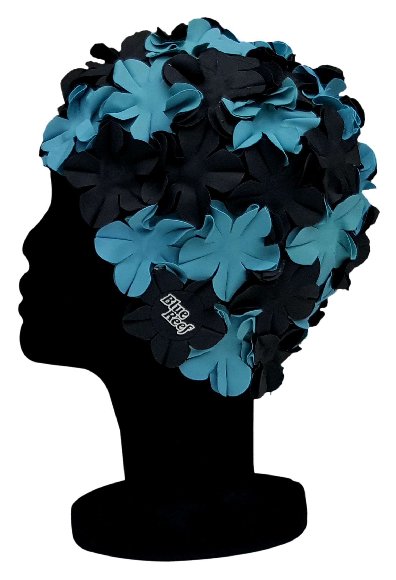 Blue Reef Isla Floral Ladies Classic Retro 3D Flower Petal 2 Colour Stylish Vintage Swimming Hat Swim Cap One Size Adults (Blue/Black)