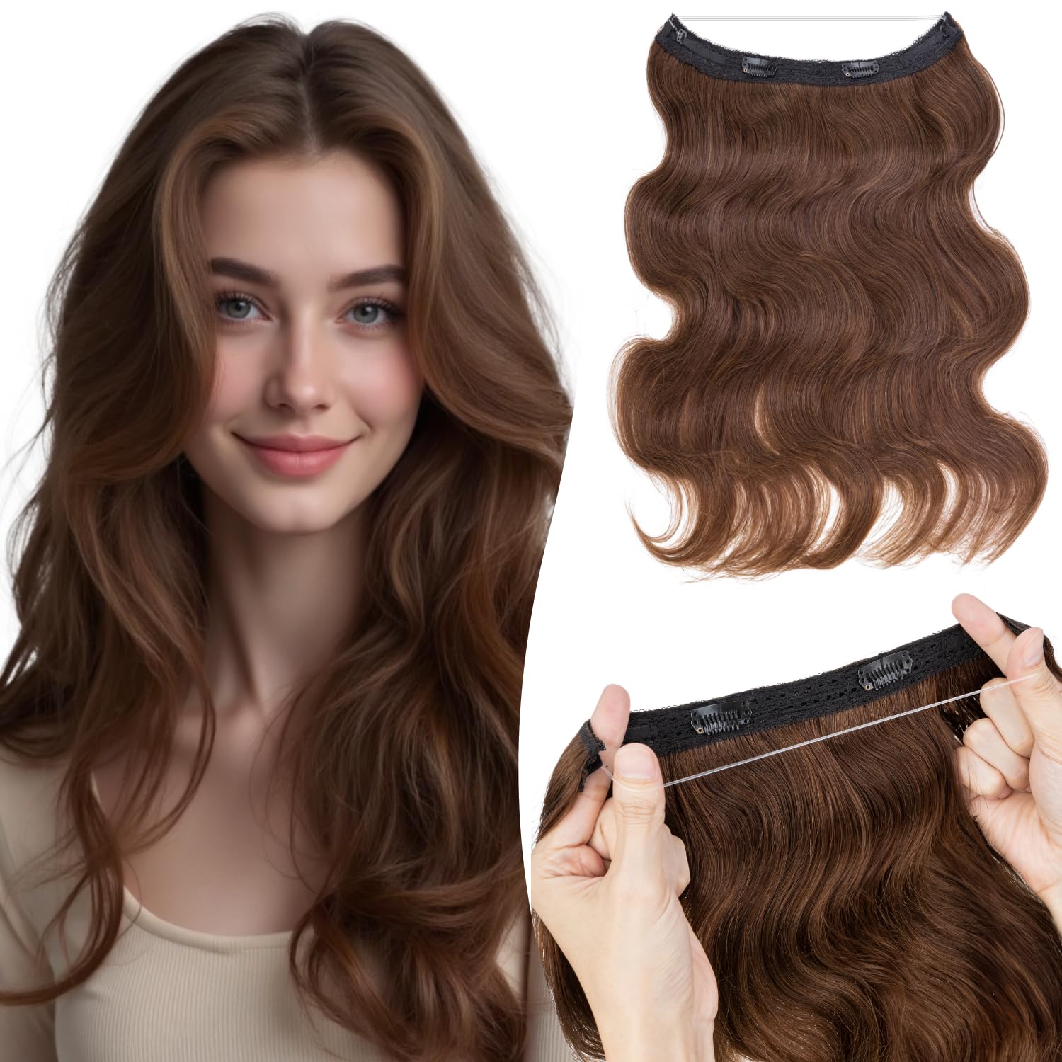 Photo 1 of TESSHAIR Halo Hair Extensions Wavy Curly, 100% Real Human Hair,No Tangle & Smooth,Invisible Wire Extensions for Women,70g, 20 Inch,#Wavy Medium Brown