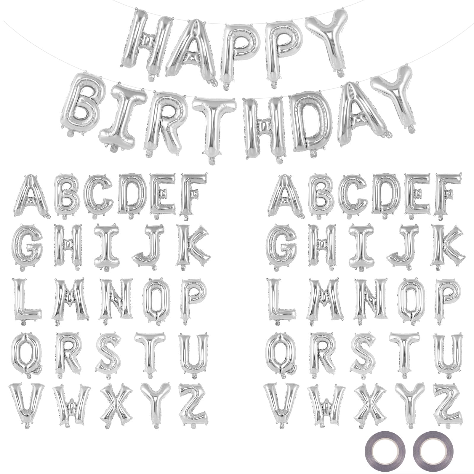 Photo 1 of 65 Pcs Silver Happy Birthday Balloons and 2 Sets A-Z Letters Foil Balloons, 16 Inch Personalized Name Happy Birthday Banners for Wedding Baby Shower Anniversary Party Decorations (Silver)