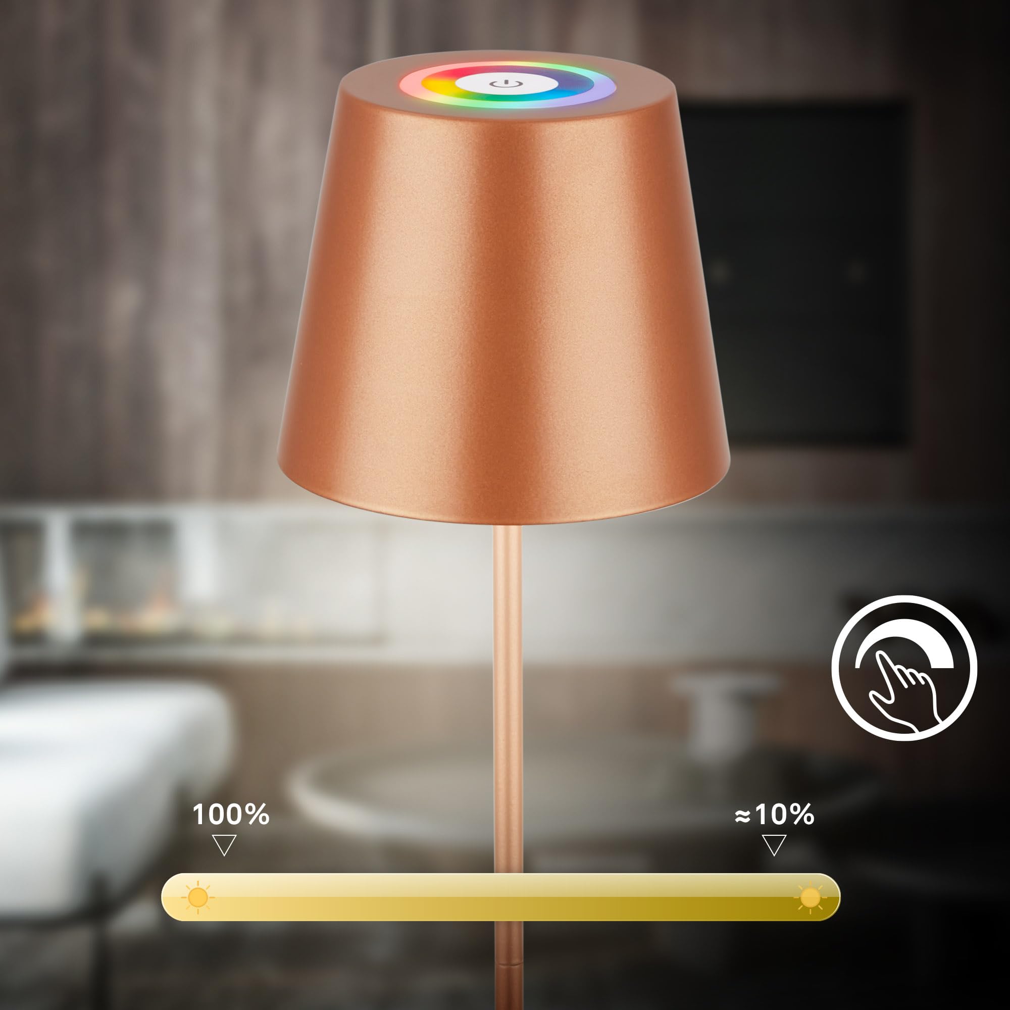 BRILONER - 3 in 1 RGBW LED Tischlampe kabellos IP44 mit Touch, dimmbar, Akku & Lichtquelle tauschbar, Nachttischlampe, Leselampe, Campinglampe, Tischleuchte, Akku Lampe, 36x12 cm, Bronzefarbig 6