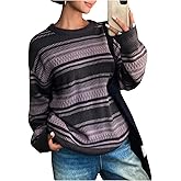 MakeMeChic Women's Fall Striped Oversized Sweater Vintage Long Sleeve Crew Neck Knitted Pullovers