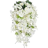GhuaH 2 Pcs Fake Hibiscus Flowers Artificial Hanging Flowers Plants for Outdoors Realistic UV Resistant Spring Summer Decor White Silk Faux Flowers Trailing Vines for Front Door Porch Outside