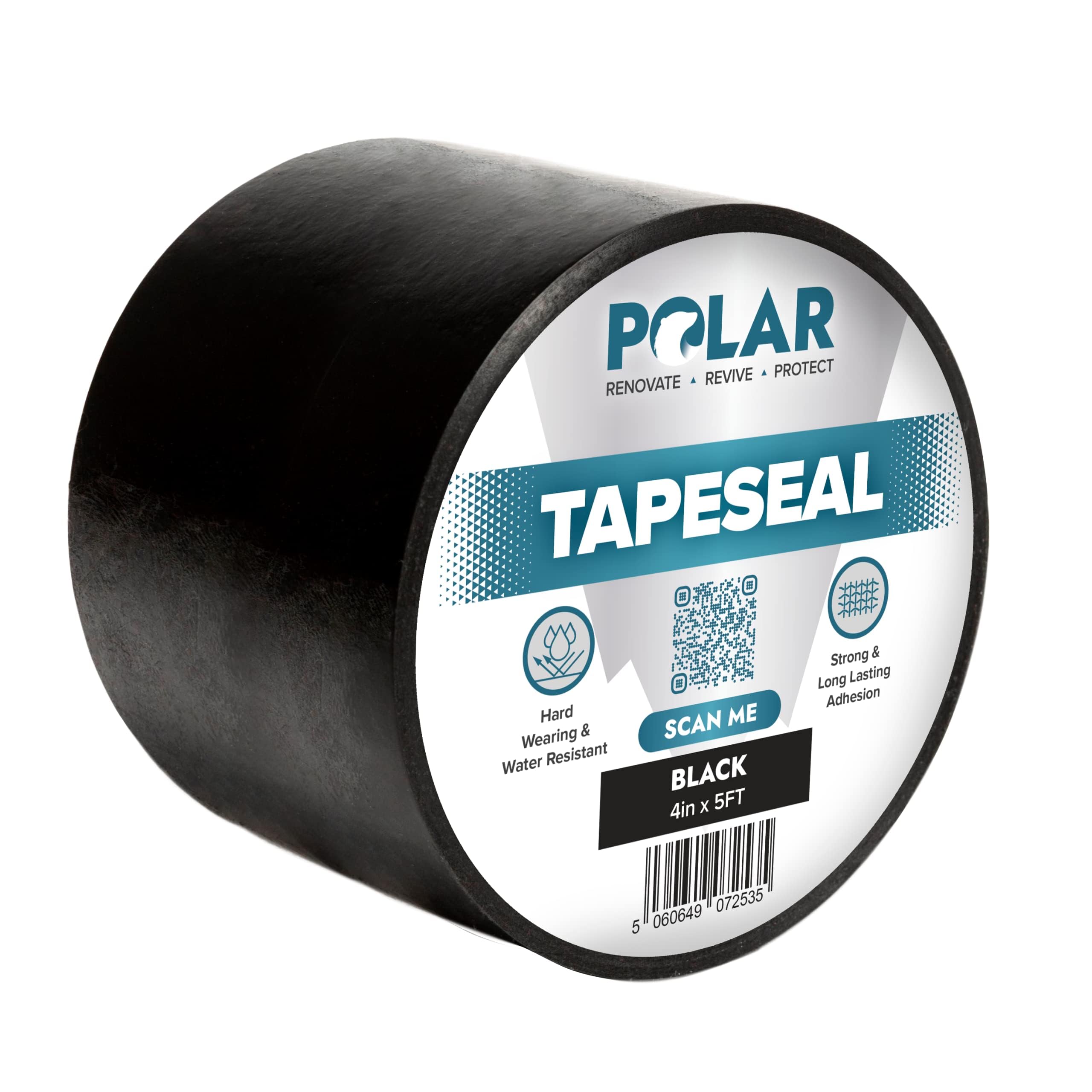 Polar TapeSeal Black - 4" x 5 ft | Rubberised Waterproof Tape for Leaks & Cracks on Roofs, PVC Pipes, Downpipes, Plumbing & Gutters | All-Purpose Indoor & Outdoor Sealant Tape for Lasting Protection