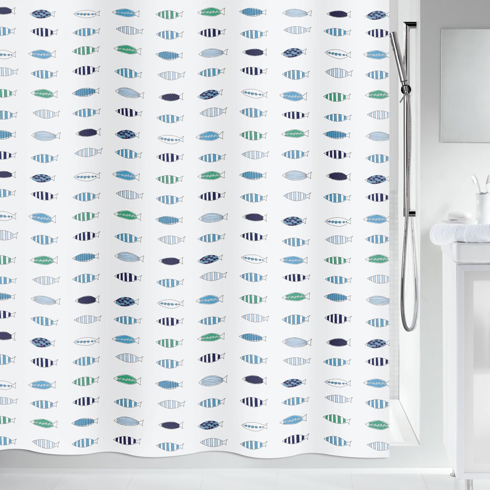 Spirella Santorini Anti-Mould Shower Curtain Anti-Bacterial Washable Waterproof Polyester 180 x 200 cm White Fish
