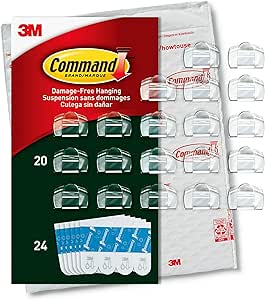 Command Outdoor Light Clips, Damage Free Hanging Outdoor Light Clips with Adhesive Strips, No Tools Wall Clips for Hanging Outdoor Lights and Cables, 20 Clear Clips and 24 Command Strips
