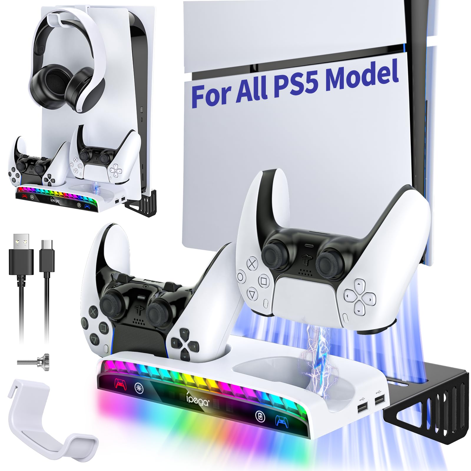 Wall Mount Kit for All PS5 Model Pro/Slim/Original with Charging Station, Controller Charger with RGB Light, Headset Holder & USB Hub for PlayStation 5 Pro/Slim/Original (Disc & Digital)