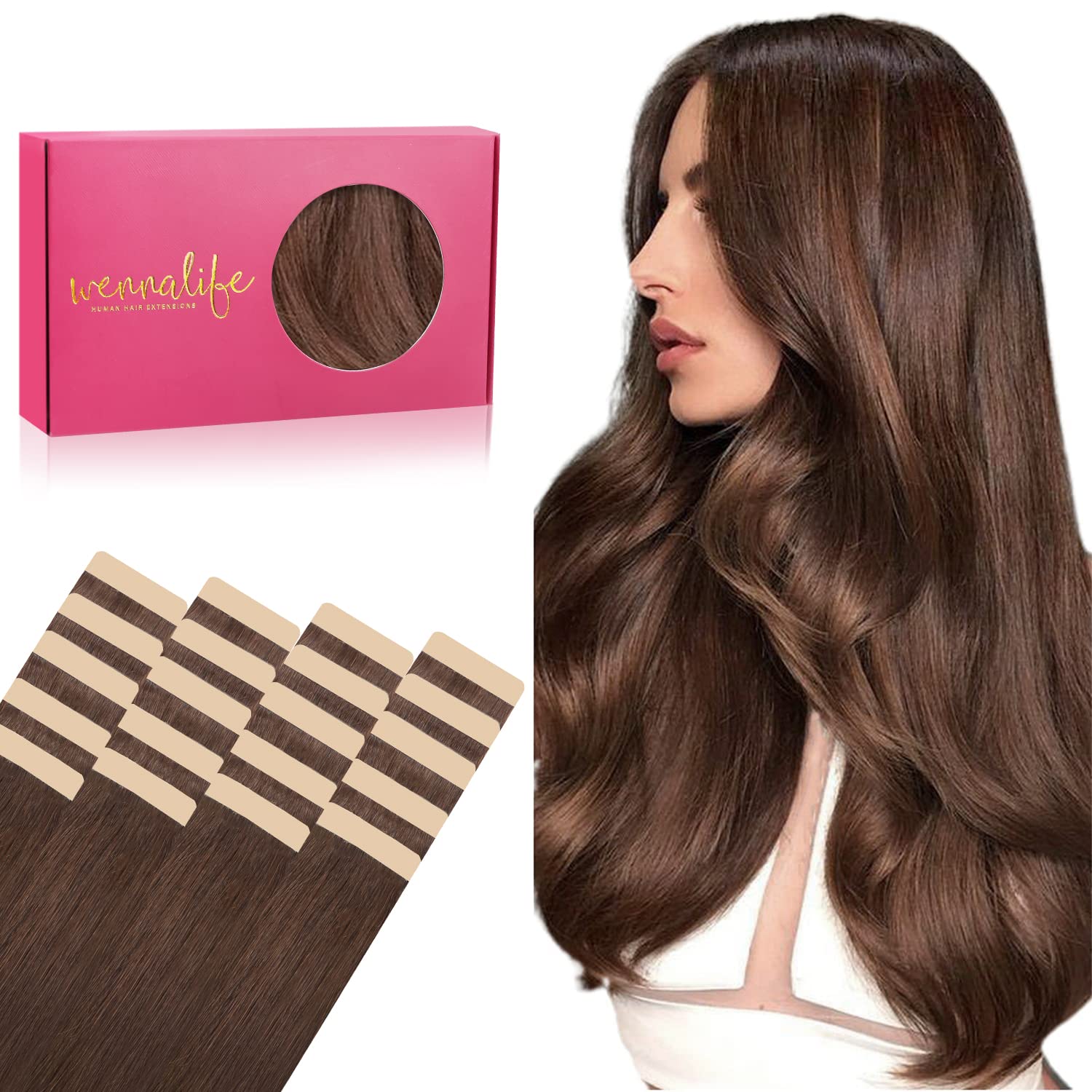 WENNALIFE Tape in Hair Extensions 20pcs 50g 18 inch Chocolate Brown Human Hair Rallonge Straight Invisible Extensions — image 1