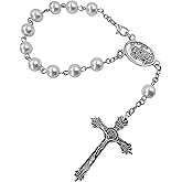 Saint Christopher Medal Car Rosary for Rearview Mirror White Pearl Glass Beads Catholic One Decade Auto Rosary for Women Men Religious Gift