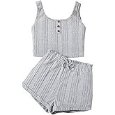 SHENHE Girl's 2 Piece Rib Knit Scoop Neck Button Down Crop Tank Tops Drawstring Waist Shorts Set