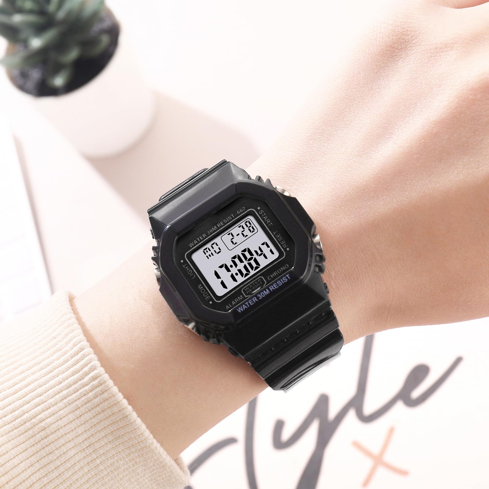 Women Digital Watch Sport Resistant Outdoor Waterproof Electronic Watch with Alarm, Stopwatch, Luminous Night Light Men Military (662 Black Black)